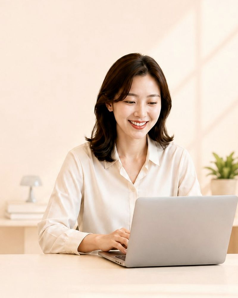 노트북으로 판매 채널을 관리하는 직원