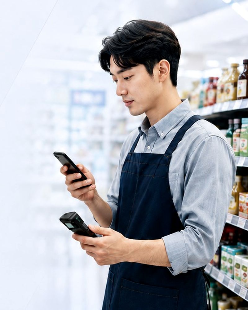 매장에서 휴대폰과 스캐너로 발주하는 직원